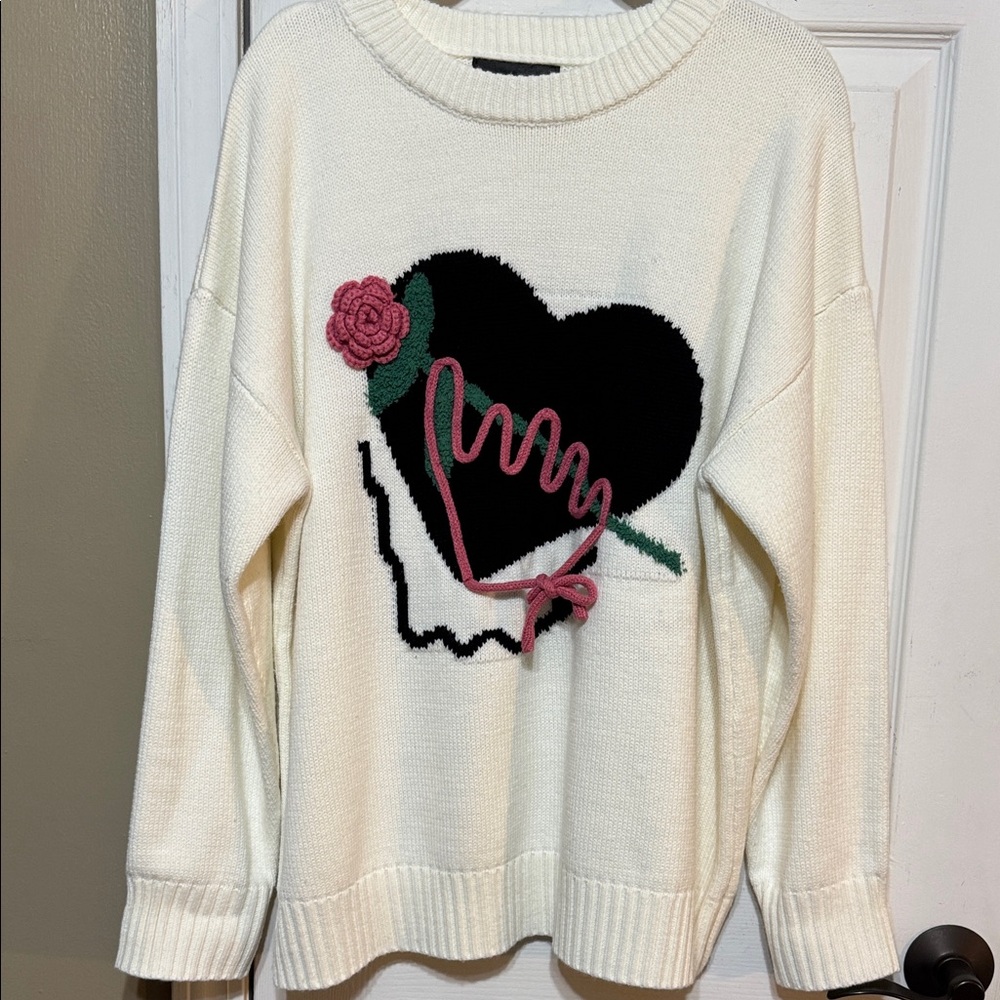 Cider Cream Sweater with Black Heart and Pink Rose